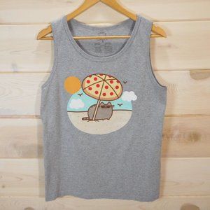 Pusheen Cool Cat Pizza on the Beach Tank Top T-shirt Men's Size Small Gray Tee